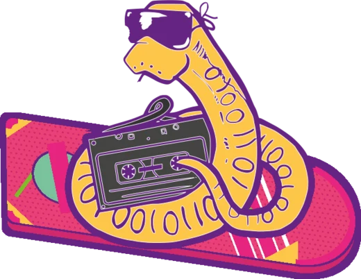 The Badge.Team snake, in sunglasses, with a cassette, on a hoverboard